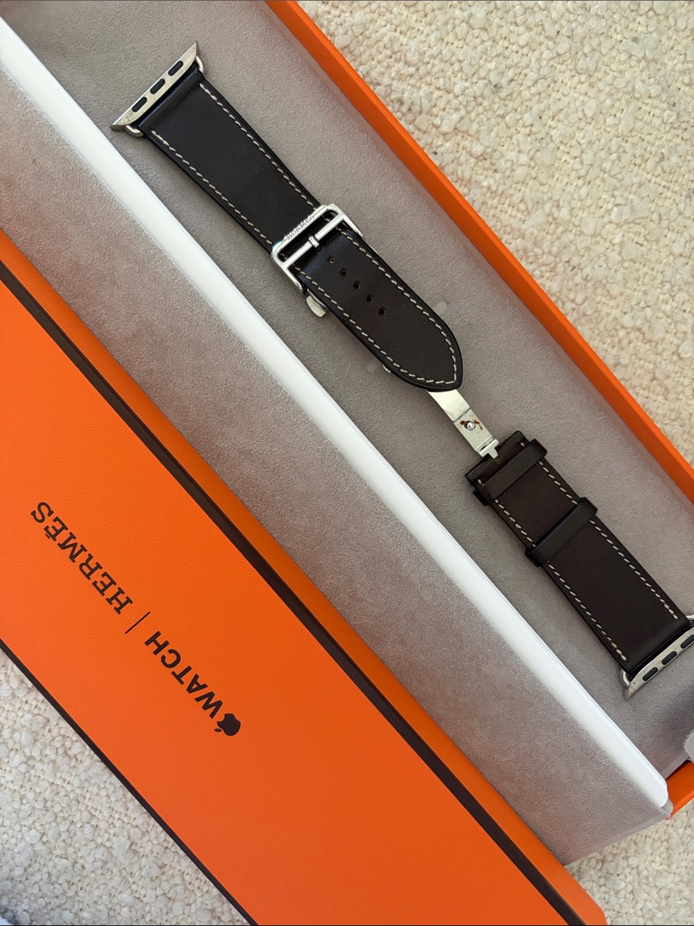 Hermes Brown Leather Watch Strap with White Stitching